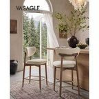 VASAGLE Juego de 2 taburetes de bar de madera, taburetes de bar tapizados a la altura de la encimera con patas de madera maciza, respaldo ergonómico, tela con aspecto de lino, capuchino