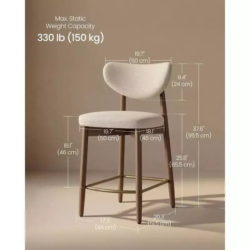 VASAGLE Juego de 2 taburetes de bar de madera, taburetes de bar tapizados a la altura de la encimera con patas de madera maciza, respaldo ergonómico, tela con aspecto de lino, capuchino