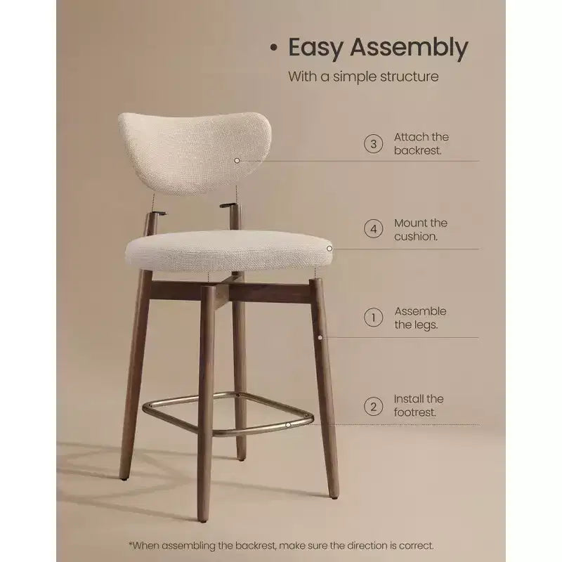 VASAGLE Juego de 2 taburetes de bar de madera, taburetes de bar tapizados a la altura de la encimera con patas de madera maciza, respaldo ergonómico, tela con aspecto de lino, capuchino