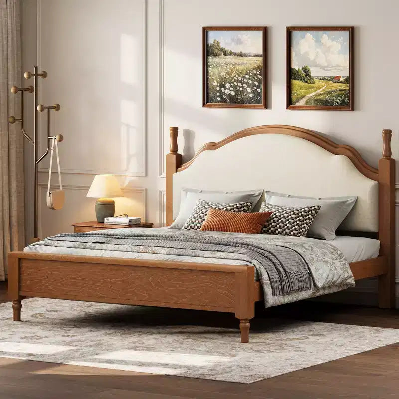 Cama de plataforma ModernLuxe tamaño Queen/King con cabecero curvo tapizado, estructura de cama de madera de pino, no necesita somier