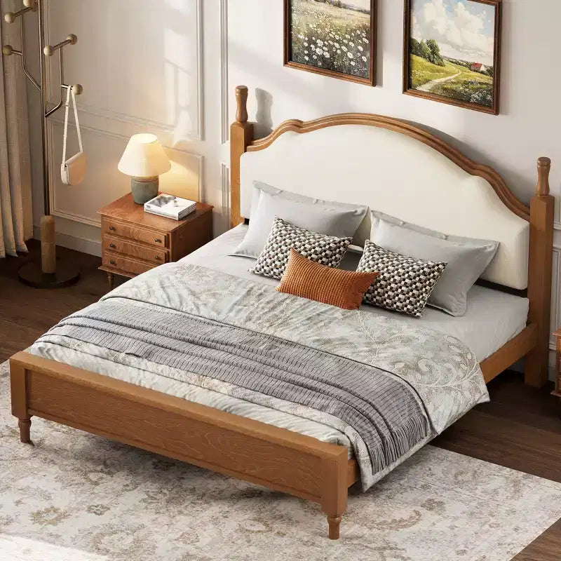 Cama de plataforma ModernLuxe tamaño Queen/King con cabecero curvo tapizado, estructura de cama de madera de pino, no necesita somier