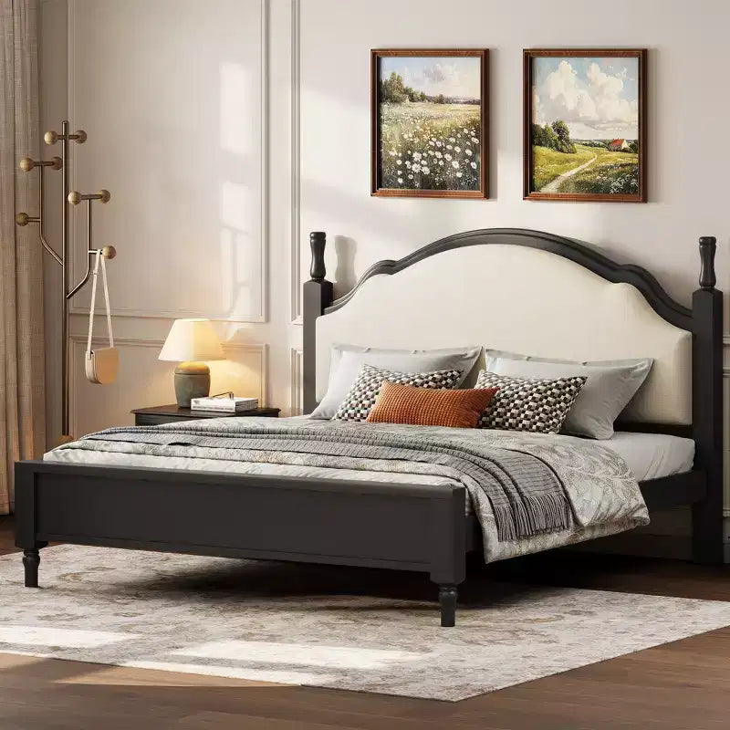 Cama de plataforma ModernLuxe tamaño Queen/King con cabecero curvo tapizado, estructura de cama de madera de pino, no necesita somier