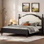 Cama de plataforma ModernLuxe tamaño Queen/King con cabecero curvo tapizado, estructura de cama de madera de pino, no necesita somier