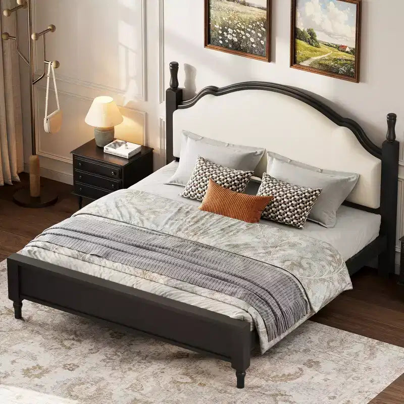 Cama de plataforma ModernLuxe tamaño Queen/King con cabecero curvo tapizado, estructura de cama de madera de pino, no necesita somier
