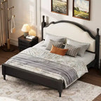 Cama de plataforma ModernLuxe tamaño Queen/King con cabecero curvo tapizado, estructura de cama de madera de pino, no necesita somier