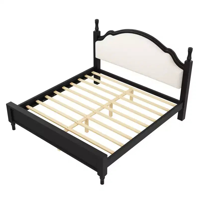 Cama de plataforma ModernLuxe tamaño Queen/King con cabecero curvo tapizado, estructura de cama de madera de pino, no necesita somier