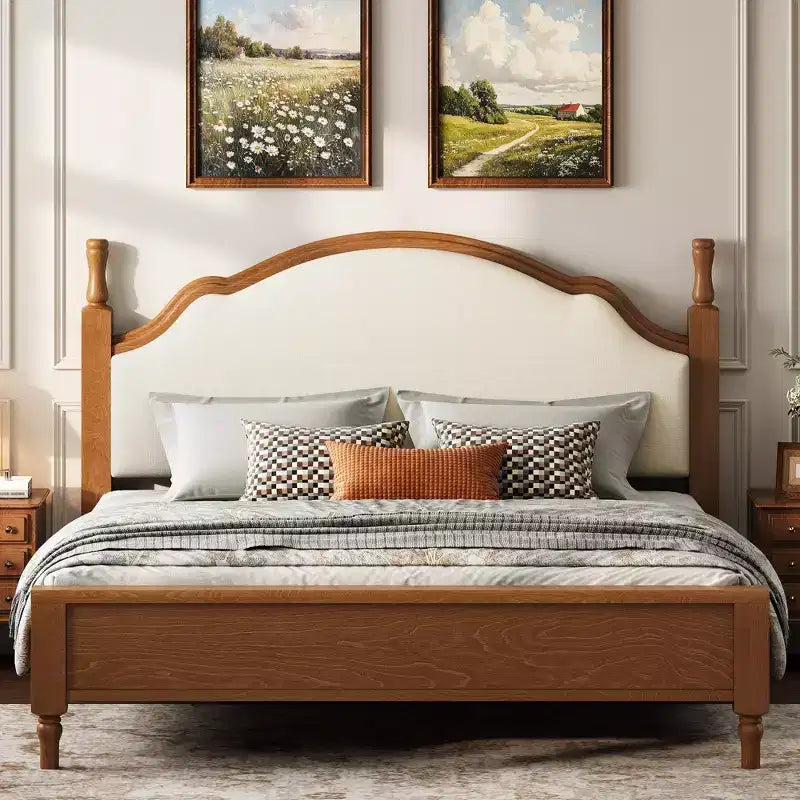 Cama de plataforma ModernLuxe tamaño Queen/King con cabecero curvo tapizado, estructura de cama de madera de pino, no necesita somier