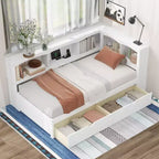 Cama nido individual FAMYYT con 2 cajones de almacenamiento, gabinetes de almacenamiento y puertos USB, fácil montaje, blanca