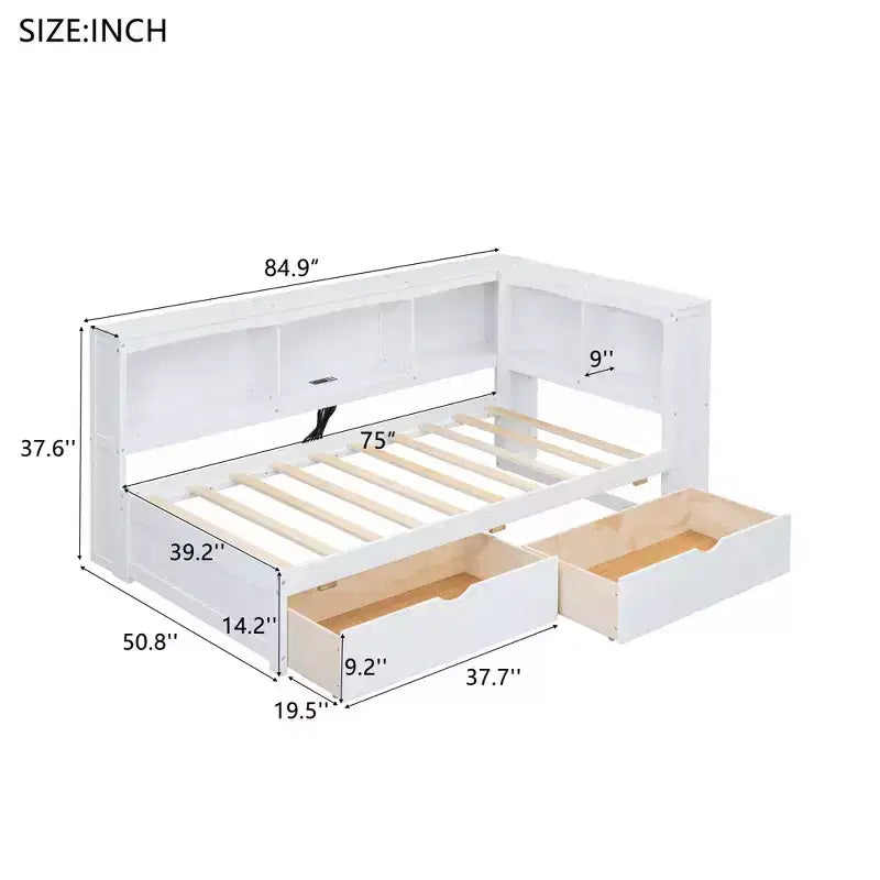 Cama nido individual FAMYYT con 2 cajones de almacenamiento, gabinetes de almacenamiento y puertos USB, fácil montaje, blanca