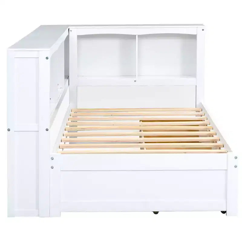 Cama nido individual FAMYYT con 2 cajones de almacenamiento, gabinetes de almacenamiento y puertos USB, fácil montaje, blanca