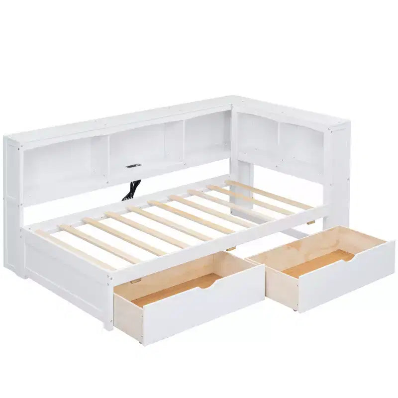 Cama nido individual FAMYYT con 2 cajones de almacenamiento, gabinetes de almacenamiento y puertos USB, fácil montaje, blanca
