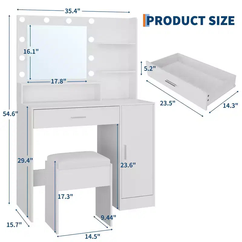 Tocador de maquillaje con espejo, juego de tocador con taburete acolchado de PU, cajón grande, gabinete y estante para secador de pelo, tocador moderno para dormitorio