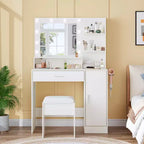 Tocador de maquillaje con espejo, juego de tocador con taburete acolchado de PU, cajón grande, gabinete y estante para secador de pelo, tocador moderno para dormitorio