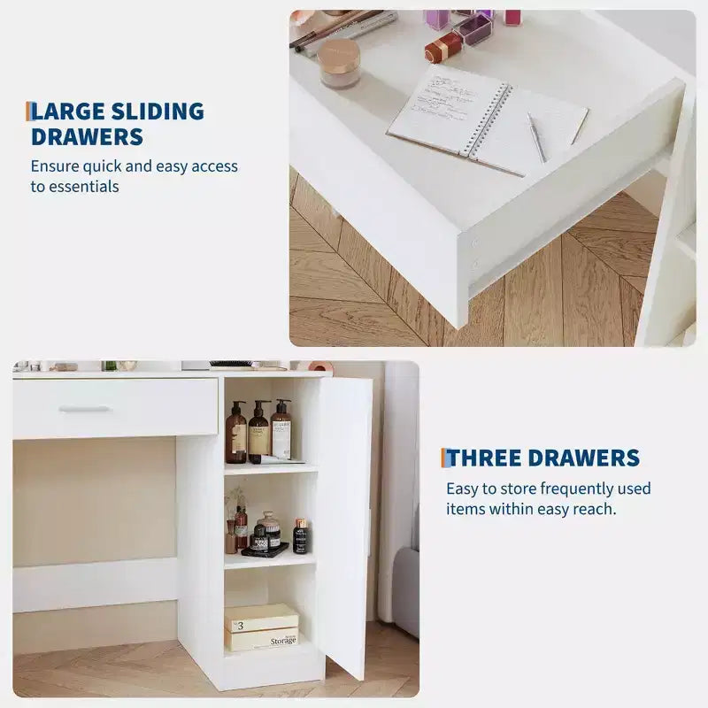 Tocador de maquillaje con espejo, juego de tocador con taburete acolchado de PU, cajón grande, gabinete y estante para secador de pelo, tocador moderno para dormitorio