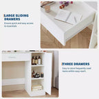 Tocador de maquillaje con espejo, juego de tocador con taburete acolchado de PU, cajón grande, gabinete y estante para secador de pelo, tocador moderno para dormitorio