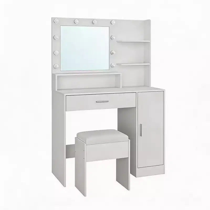 Tocador de maquillaje con espejo, juego de tocador con taburete acolchado de PU, cajón grande, gabinete y estante para secador de pelo, tocador moderno para dormitorio