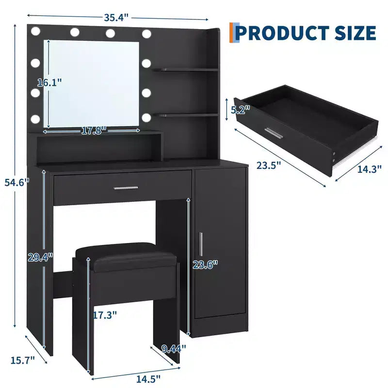 Tocador de maquillaje con espejo, juego de tocador con taburete acolchado de PU, cajón grande, gabinete y estante para secador de pelo, tocador moderno para dormitorio