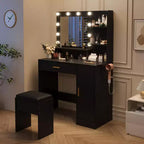 Tocador de maquillaje con espejo, juego de tocador con taburete acolchado de PU, cajón grande, gabinete y estante para secador de pelo, tocador moderno para dormitorio