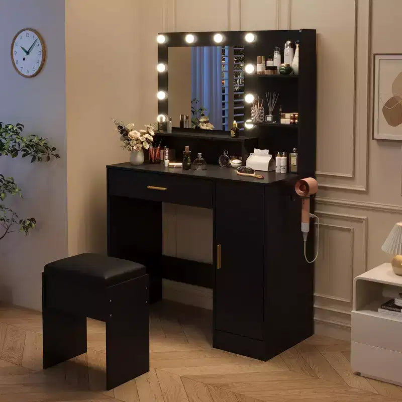 Tocador de maquillaje con espejo, juego de tocador con taburete acolchado de PU, cajón grande, gabinete y estante para secador de pelo, tocador moderno para dormitorio