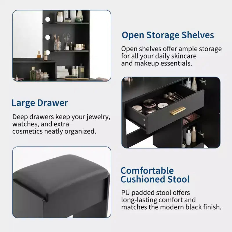 Tocador de maquillaje con espejo, juego de tocador con taburete acolchado de PU, cajón grande, gabinete y estante para secador de pelo, tocador moderno para dormitorio