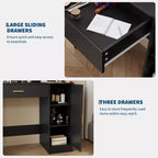 Tocador de maquillaje con espejo, juego de tocador con taburete acolchado de PU, cajón grande, gabinete y estante para secador de pelo, tocador moderno para dormitorio