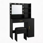 Tocador de maquillaje con espejo, juego de tocador con taburete acolchado de PU, cajón grande, gabinete y estante para secador de pelo, tocador moderno para dormitorio
