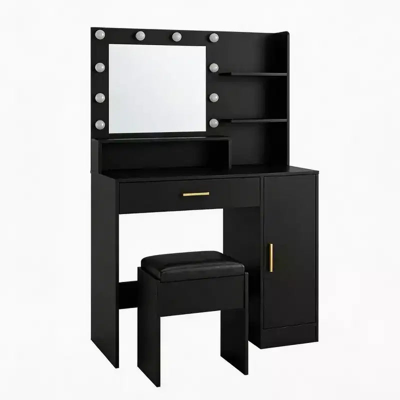 Tocador de maquillaje con espejo, juego de tocador con taburete acolchado de PU, cajón grande, gabinete y estante para secador de pelo, tocador moderno para dormitorio
