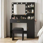 Makeup Vanity Desk with Mirror, Vanity Table Set with PU Cushioned Stool, Large Drawer & Cabinet & Hairdryer Rack, Modern Bedroom Dressing Table