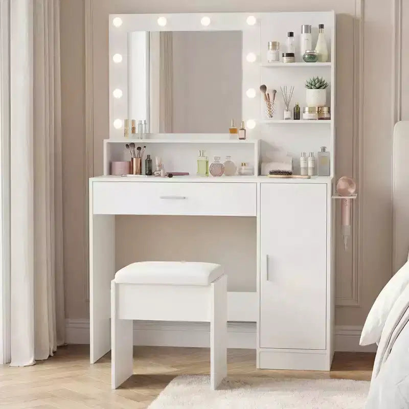 Tocador de maquillaje con espejo, juego de tocador con taburete acolchado de PU, cajón grande, gabinete y estante para secador de pelo, tocador moderno para dormitorio