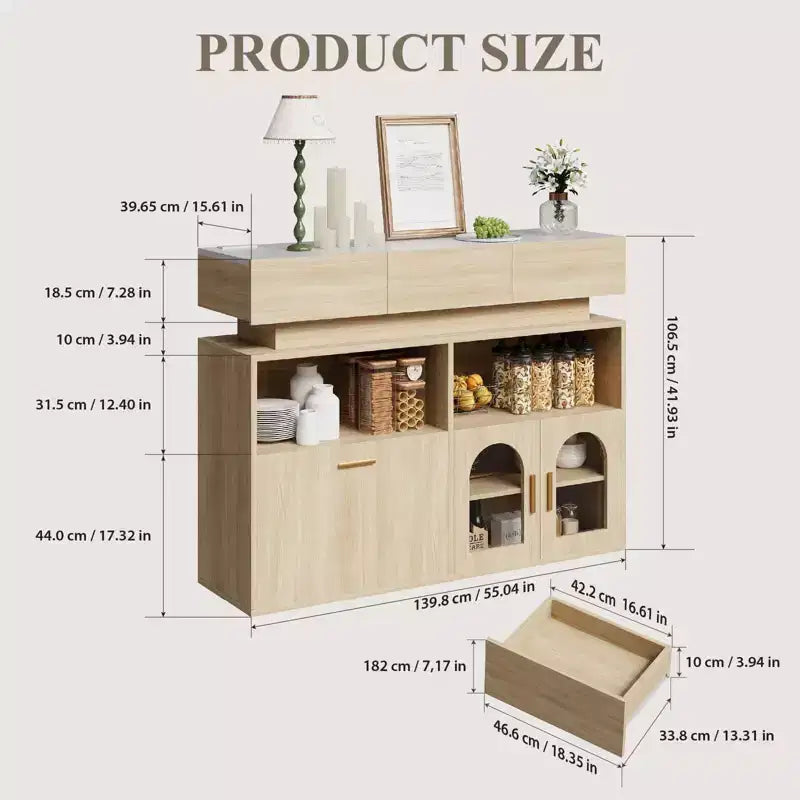 Mueble de café de madera, almacenamiento de cocina con 3 cajones y estante ajustable, aparador para comedor