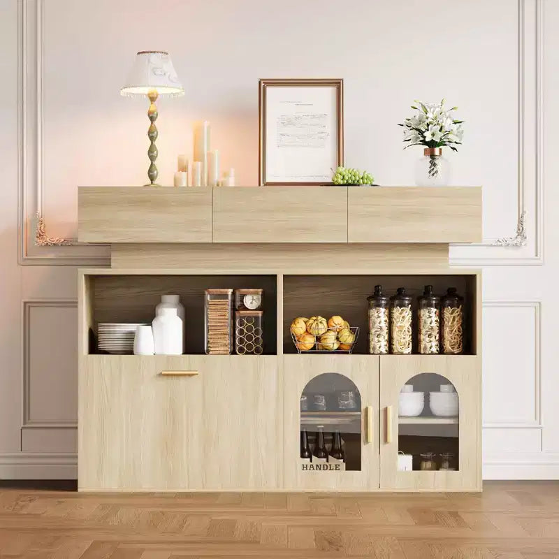 Mueble de café de madera, almacenamiento de cocina con 3 cajones y estante ajustable, aparador para comedor