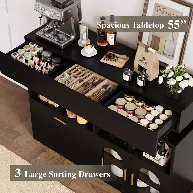 Mueble de café de madera, almacenamiento de cocina con 3 cajones y estante ajustable, aparador para comedor
