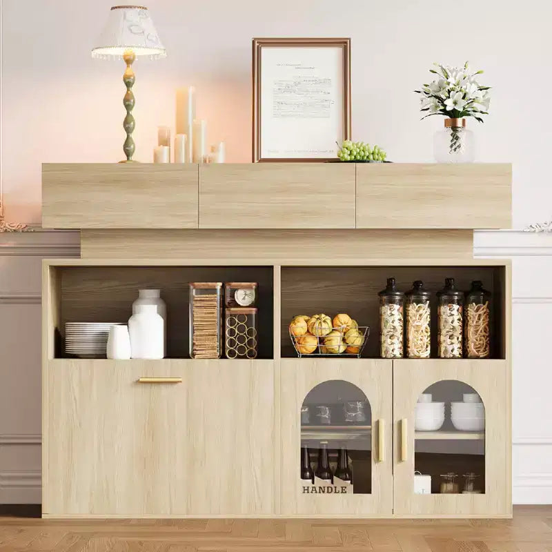 Mueble de café de madera, almacenamiento de cocina con 3 cajones y estante ajustable, aparador para comedor