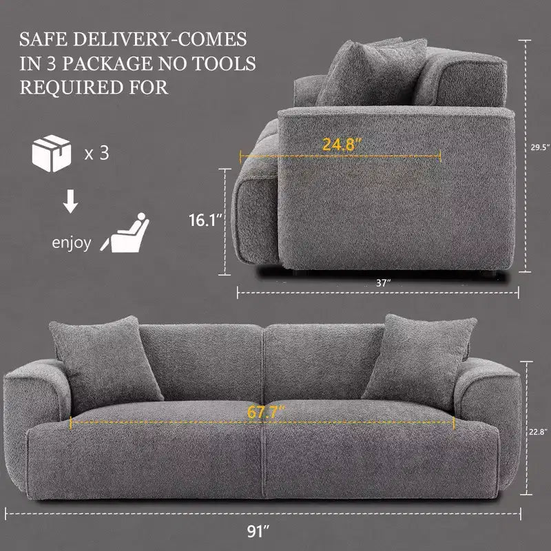 Sofá moderno 91, sofá de nube de peluche con asiento profundo y cómodo, sofá tapizado de boucle de 3 plazas, sofá grande para sala de estar, dormitorio