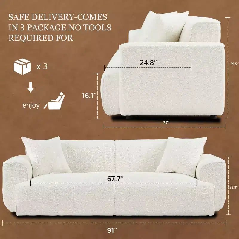 Sofá moderno 91, sofá de nube de peluche con asiento profundo y cómodo, sofá tapizado de boucle de 3 plazas, sofá grande para sala de estar, dormitorio