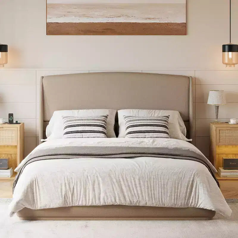 Estructura de Cama de Plataforma Tapizada Queen con Cabecero Acolchado con Alas, Cama de Perfil Bajo - ModernLuxe