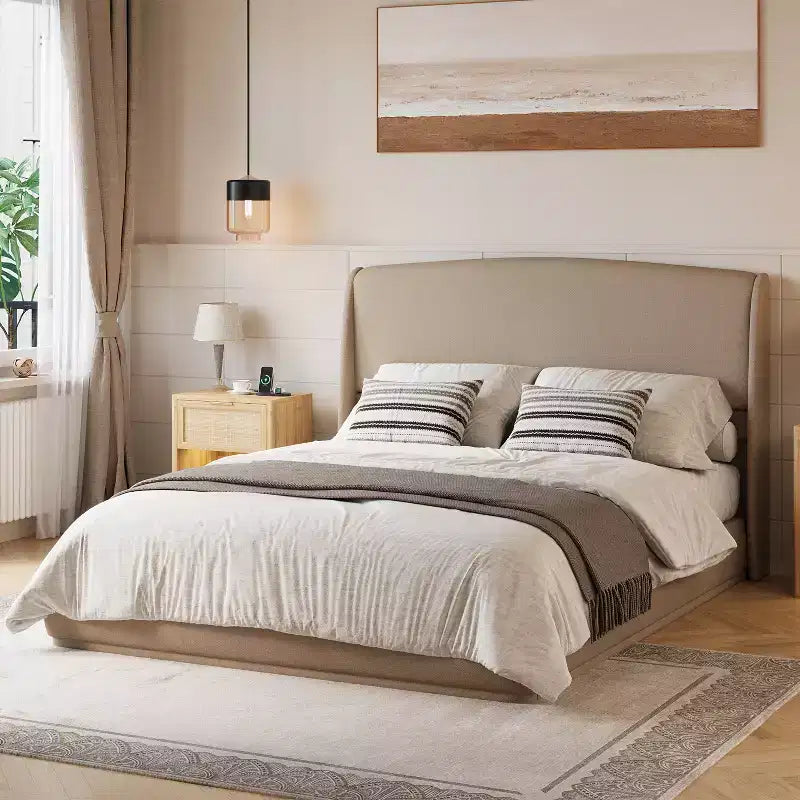 Estructura de Cama de Plataforma Tapizada Queen con Cabecero Acolchado con Alas, Cama de Perfil Bajo - ModernLuxe