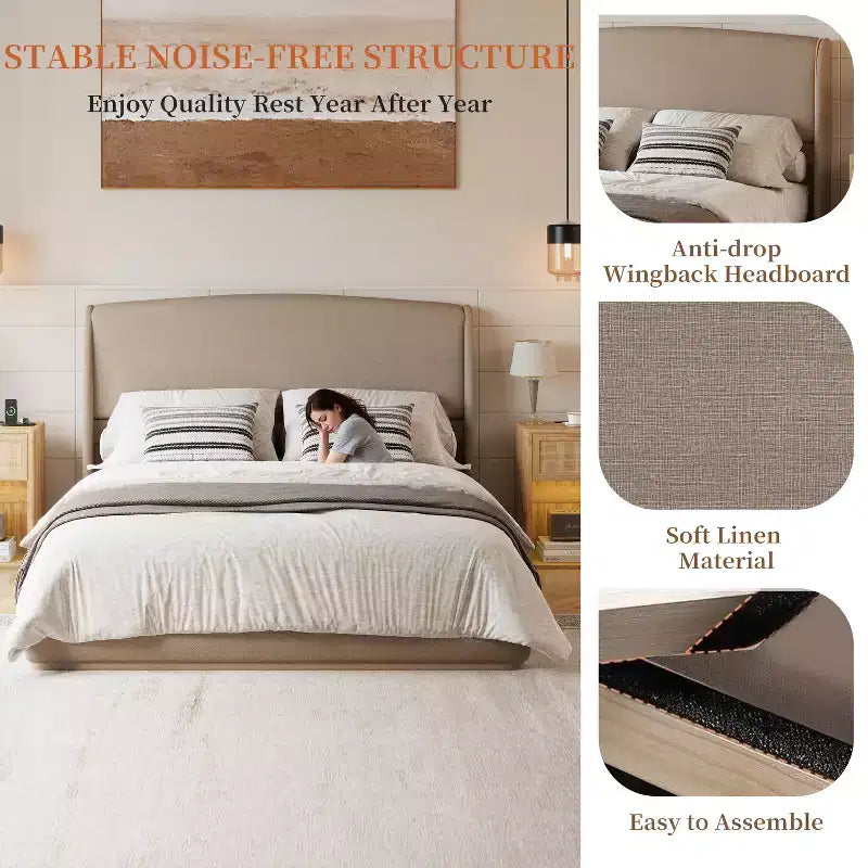 Estructura de Cama de Plataforma Tapizada Queen con Cabecero Acolchado con Alas, Cama de Perfil Bajo - ModernLuxe