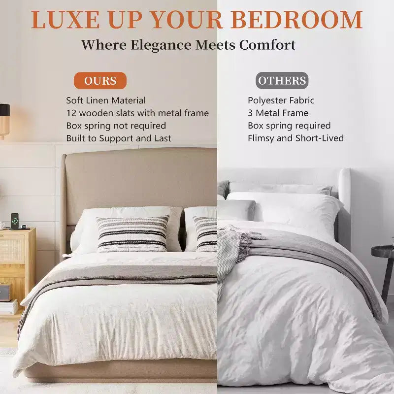 Estructura de Cama de Plataforma Tapizada Queen con Cabecero Acolchado con Alas, Cama de Perfil Bajo - ModernLuxe
