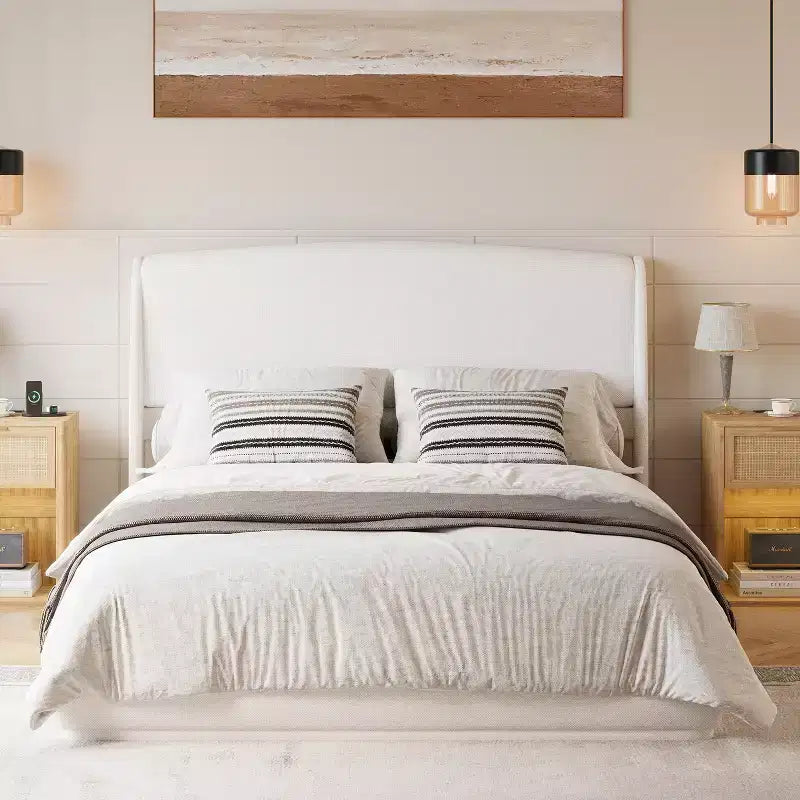 Estructura de Cama de Plataforma Tapizada Queen con Cabecero Acolchado con Alas, Cama de Perfil Bajo - ModernLuxe