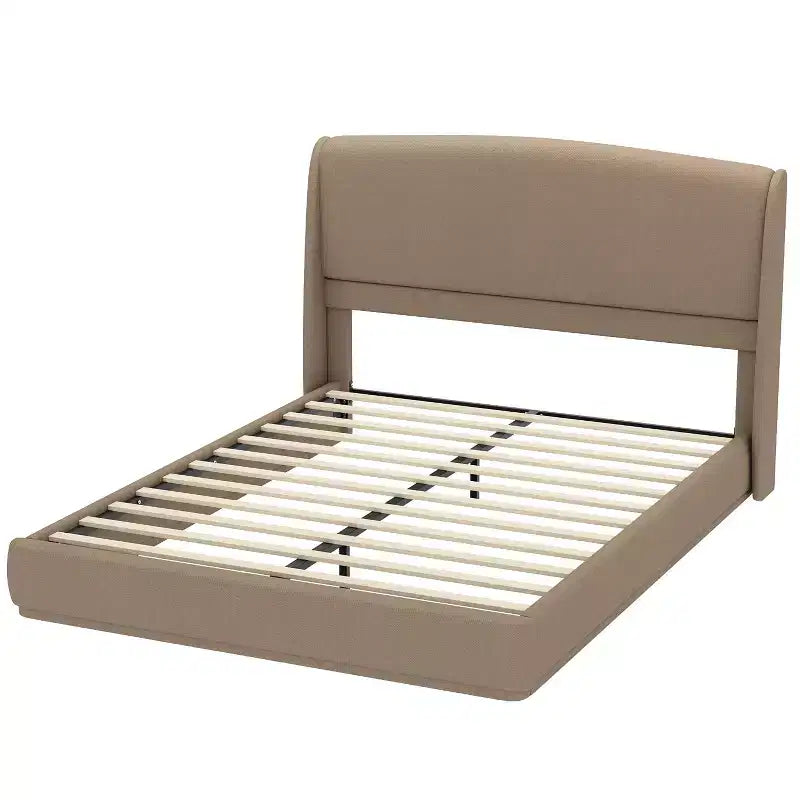 Estructura de Cama de Plataforma Tapizada Queen con Cabecero Acolchado con Alas, Cama de Perfil Bajo - ModernLuxe