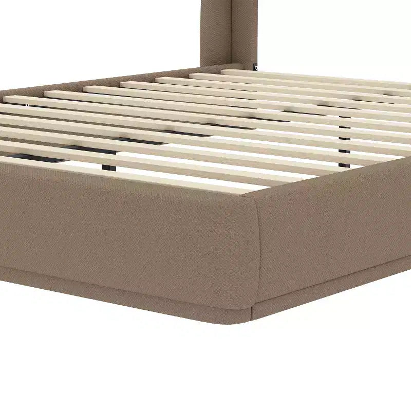 Estructura de Cama de Plataforma Tapizada Queen con Cabecero Acolchado con Alas, Cama de Perfil Bajo - ModernLuxe