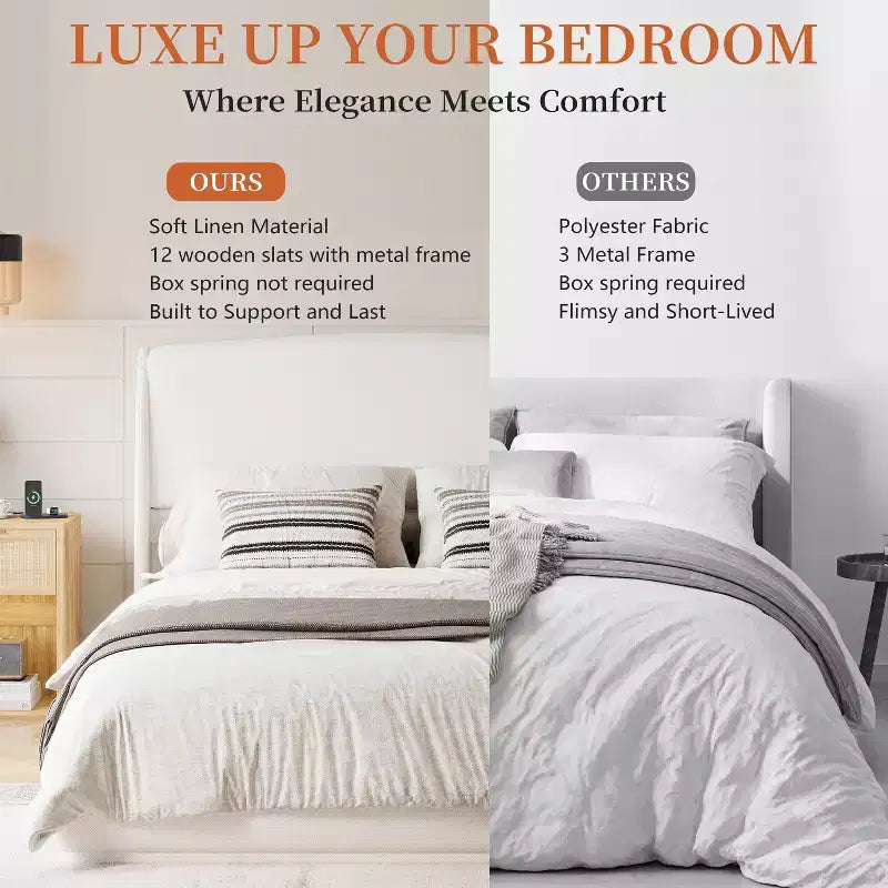 Estructura de Cama de Plataforma Tapizada Queen con Cabecero Acolchado con Alas, Cama de Perfil Bajo - ModernLuxe