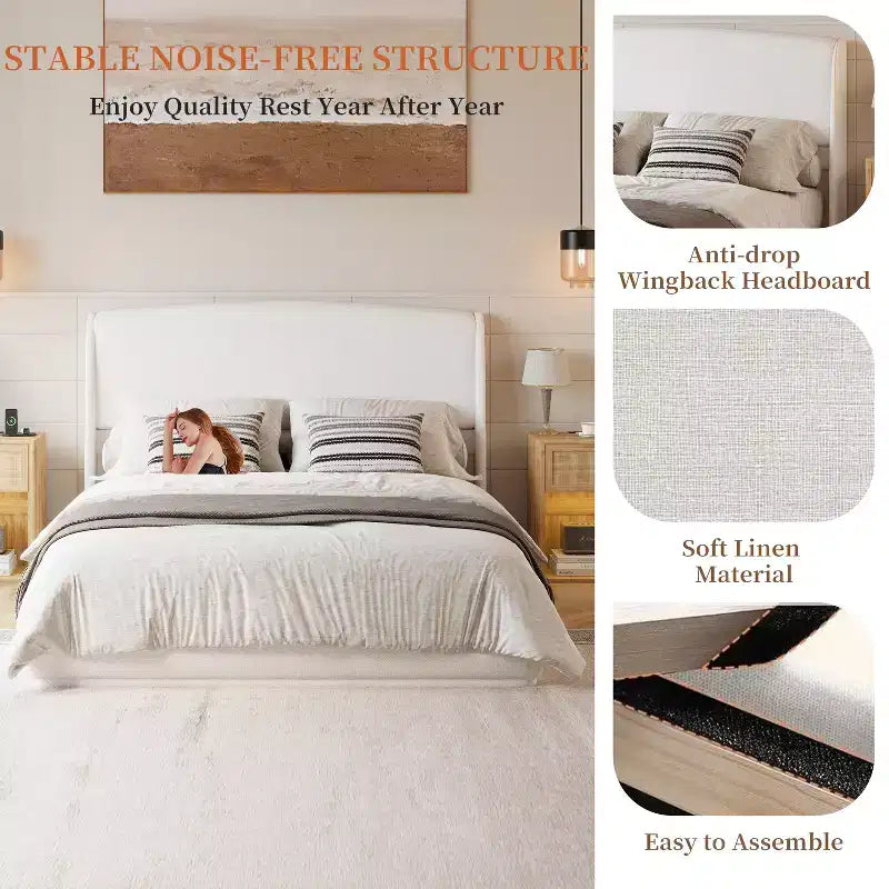 Estructura de Cama de Plataforma Tapizada Queen con Cabecero Acolchado con Alas, Cama de Perfil Bajo - ModernLuxe