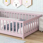Cama de suelo doble Sailvan con valla y puerta, marco de cama de madera maciza para niños pequeños