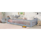 Cama de suelo doble Sailvan con valla y puerta, marco de cama de madera maciza para niños pequeños
