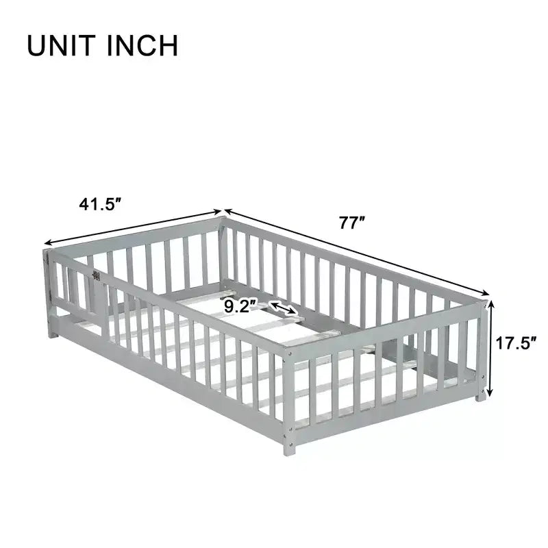 Cama de suelo doble Sailvan con valla y puerta, marco de cama de madera maciza para niños pequeños