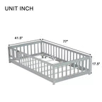 Cama de suelo doble Sailvan con valla y puerta, marco de cama de madera maciza para niños pequeños
