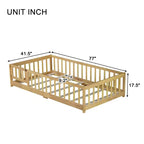Cama de suelo doble Sailvan con valla y puerta, marco de cama de madera maciza para niños pequeños