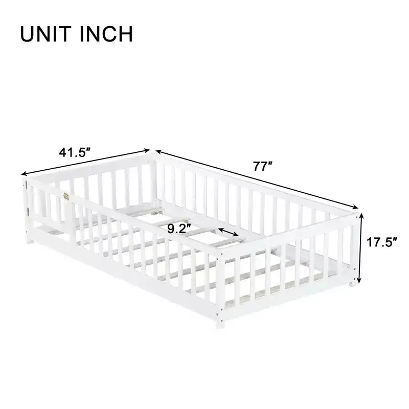 Cama de suelo doble Sailvan con valla y puerta, marco de cama de madera maciza para niños pequeños